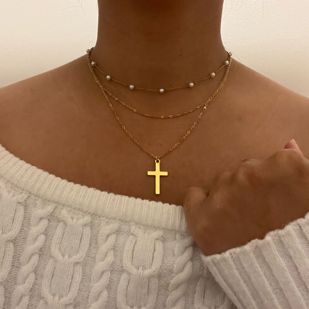 Gold Layered Cross Necklace with Pearl Accent - Picture 4 of 4